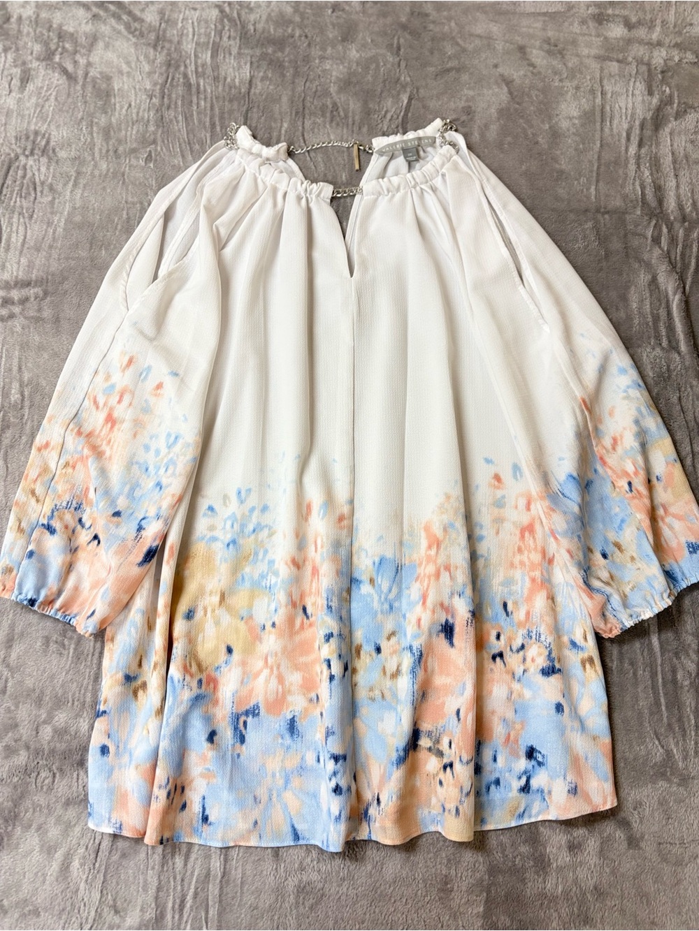 Valerie Stevens Cream Blouson Tunic with Blue and Peach Floral Hem